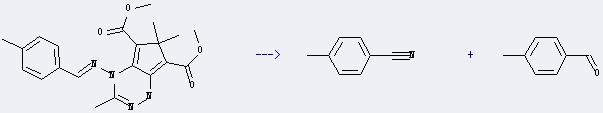 p-Tolunitrile can be prepared by 3,6,6-trimethyl-4-[(4-methyl-benzylidene)-amino]-4,6-dihydro-1H-cyclopenta[e][1,2,4]triazine-5,7-dicarboxylic acid dimethyl ester. The other product is 4-methyl-benzaldehyde